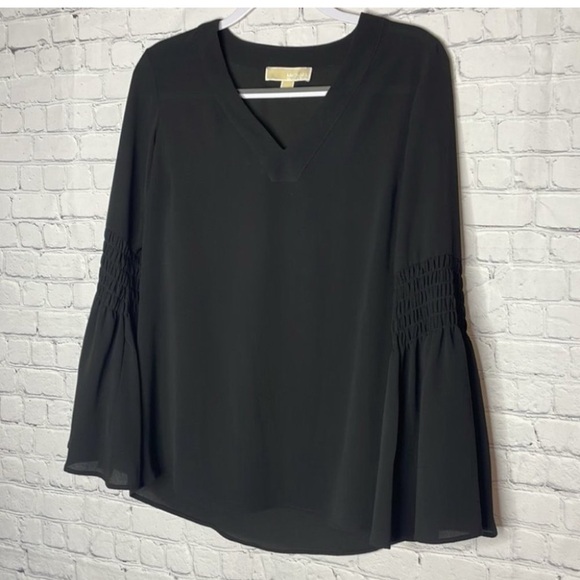 Michael Kors Size S Semi Sheer Black Long Bell Sleeve V Neck Lightweight Blouse - Picture 2 of 7